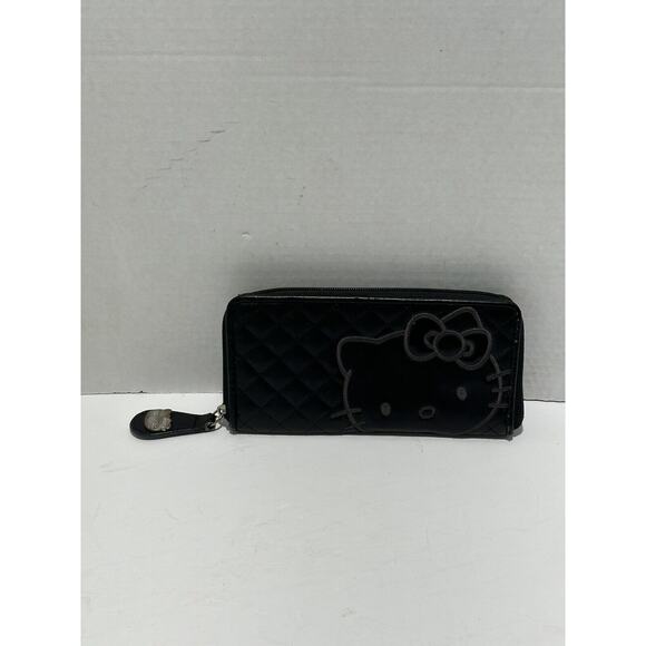 Hello Kitty Sanrio Black Wallet Red Lining HK Print Quilted Ladies Logo Zip Pull - Picture 2 of 9